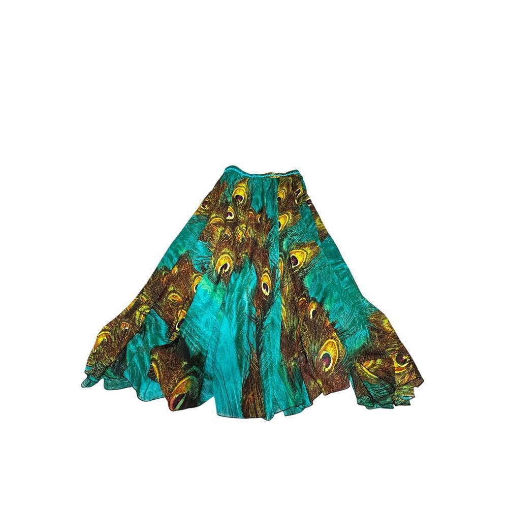 Afibi Women’s XL Peacock Print Maxi Skirt Teal Boho Flowy - Elastic Waist